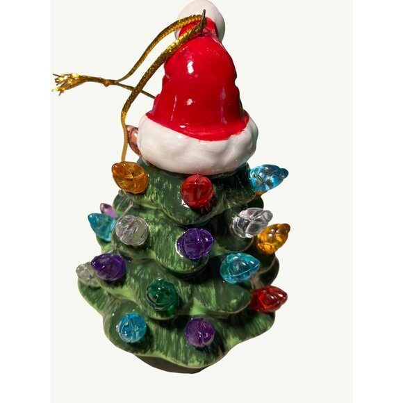 Mini Christmas Tree Ornament W/ Santa Hat Multicolor Bulbs 4." Tall Lights Up - Picture 2 of 9